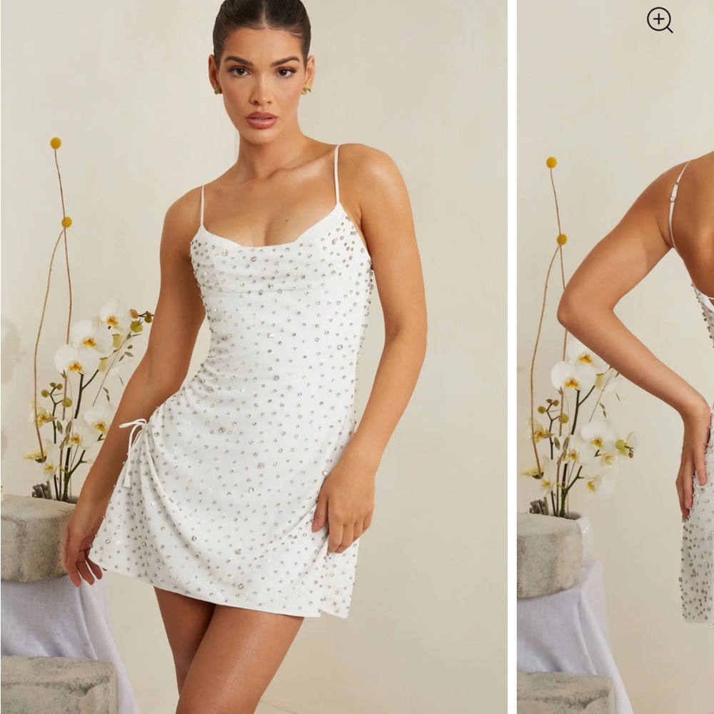 HAND EMBELLISHED COWL NECK MINI DRESS IN WHITE